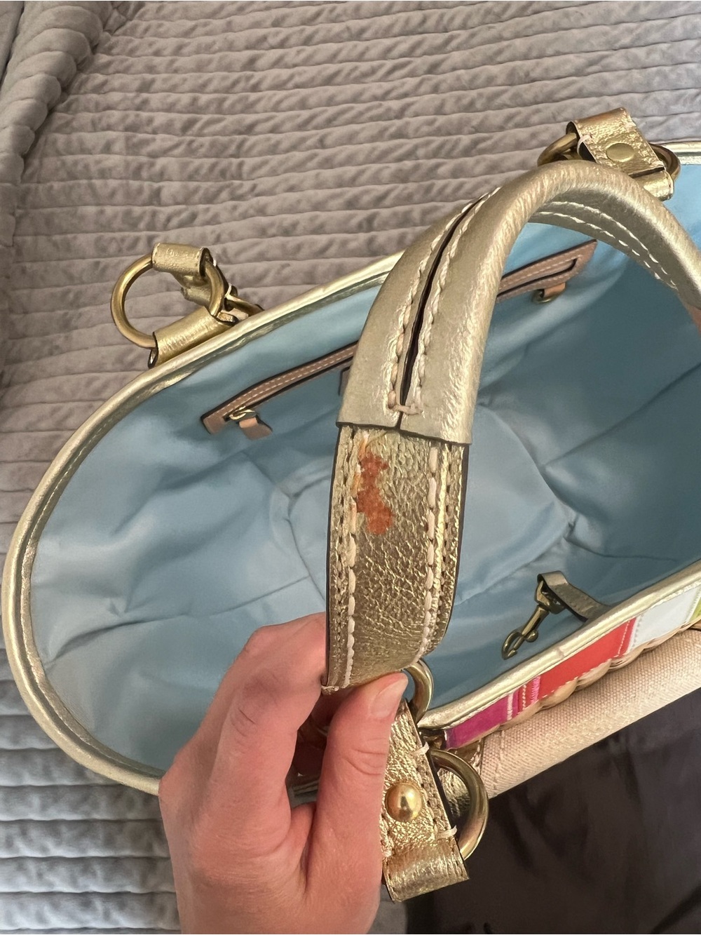 Coach Multicolor Stripe Straw Tote with Gold Accents - Picture 3 of 13